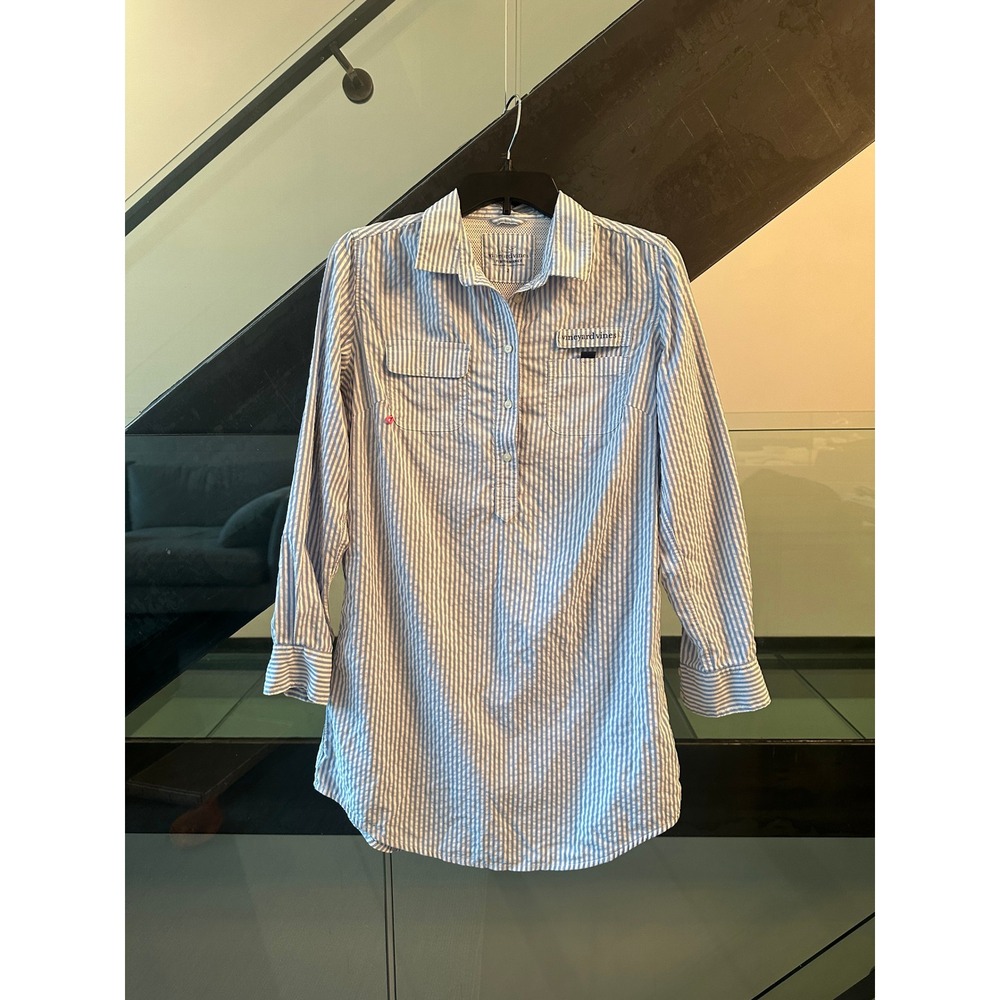 Vineyard Vines Performance Seersucker Shirt Dress Blue White Stripe Womens 2